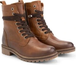 Travelin' Kvinlog Dames - Leren Veterschoenen - Wol Gevoerde Boots - Cognac Leer - Maat 39
